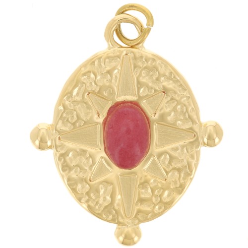 Pendentif ovale 22x18 mm imitation gemme - Acier inox 316L Doré - Agate rouge x1