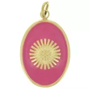 Pendentif ovale 20x13mm motif soleil - résine époxy Acier inox 316L Doré - Fuchsia