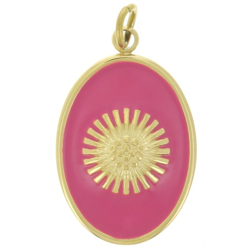 Pendentif ovale 20x13mm motif soleil - résine époxy Acier inox 316L Doré - Fuchsia