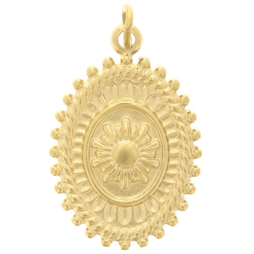 Pendentif ovale texturé 19.5x13.5 mm - motif fleur  - Acier inox 304 Doré x1