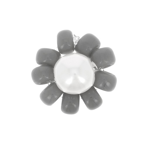 Fleur en perles de rocailles - marguerite - 10 mm - Gris foncé - Blanc nacré x1