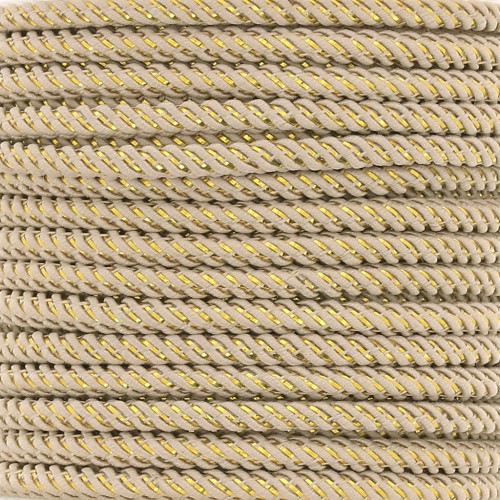 Cordon en polyester tressé et fil métallisé 3 mm - Beige - Doré x1m
