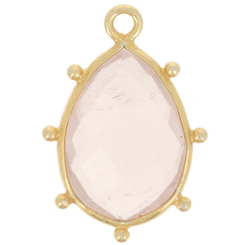Pendentif goutte facetté & petites boules 19x13mm Arg 925 Doré Or fin Quartz rose