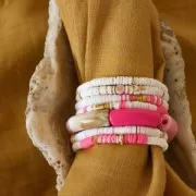 Perles Heishi rondelles  en pâte polymère 6x1mm Mix Rose fluo - Blanc - Jaune x39cm