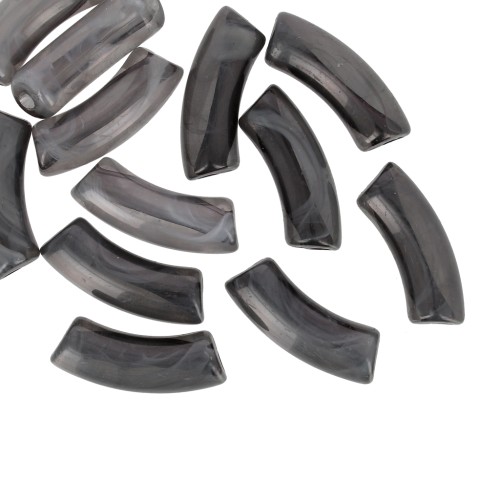 Perles tube incurvé en acrylique transparente 35x11 mm - Marbré Noir - Blanc x6