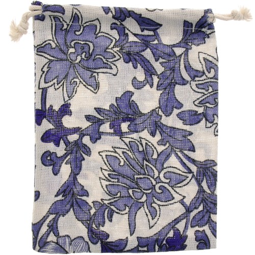 Pochon en coton  motif fleurs pour bijoux 17.5x13 cm - Ecru - Bleu foncé x1