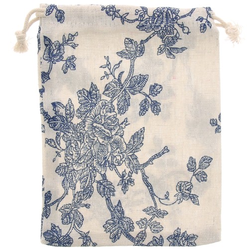 Pochon en coton  motif roses pour bijoux 17.5x13 cm - Ecru - Bleu foncé x1