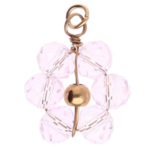Pendentif fleur 12 mm en perles en verre facetté - Acier inox Doré Light Rose x1