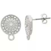 Clous d'oreilles rond 11 mm avec strass et anneau - Rhodié - Crystal x2