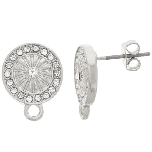 Clous d'oreilles rond 11 mm avec strass et anneau - Rhodié - Crystal x2