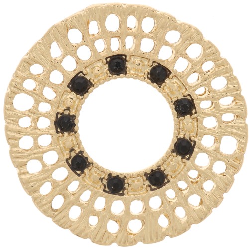 Intercalaire rond strié multi-trous 24 mm avec strass - Doré - Noir x1