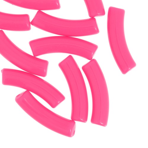 Perles tube incurvé en acrylique opaque 32x8 mm - Rose fluo x6