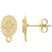 Clous d'oreilles ovale 13x8 mm motif fleur avec anneau fermé - Doré à l'or fin x2