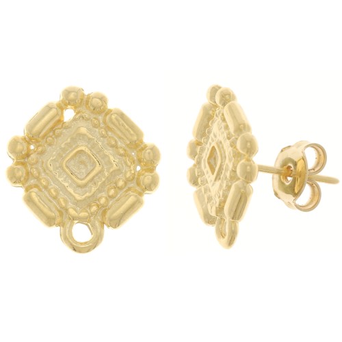 Clous d'oreilles style Aztèque 17x15.5 mm avec anneau fermé - Doré à l'or fin x2