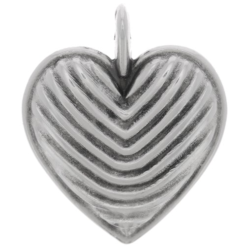 Pendentif coeur strié 24x20 mm - Placage Argent fin vieilli x1
