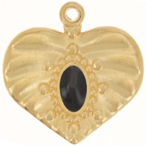 Pendentif coeur effet plissé 26 mm avec résine époxy - Doré à l'or fin - Noir x1