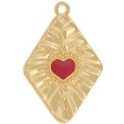 Pendentif losange effet plissé 36x24 mm motif coeur - Doré à l'or fin - Rouge x1|raw }}