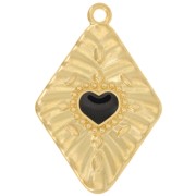 Pendentif losange effet plissé 36x24 mm motif coeur - Doré à l'or fin - Noir x1|raw }}