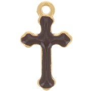 Breloque croix 19x11 mm en résine époxy - Doré à l'or fin - Marron foncé x1|raw }}