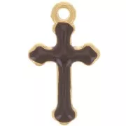 Breloque croix 19x11 mm en résine époxy - Doré à l'or fin - Marron foncé x1