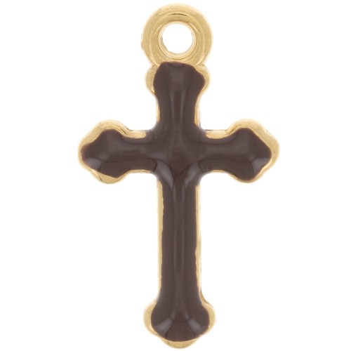 Breloque croix 19x11 mm en résine époxy - Doré à l'or fin - Marron foncé x1