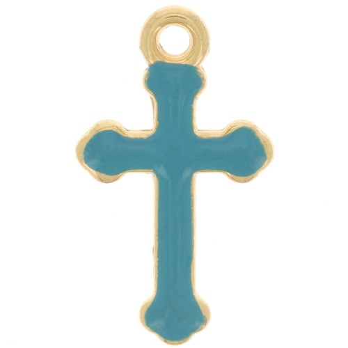 Breloque croix 19x11 mm en résine époxy - Doré à l'or fin - Turquoise x1