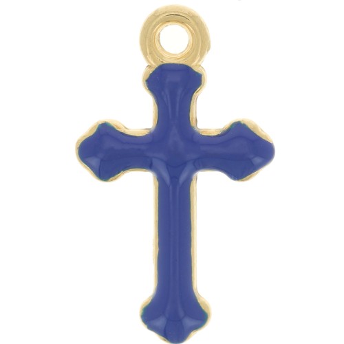 Breloque croix 19x11 mm en résine époxy - Doré à l'or fin - Bleu foncé x1