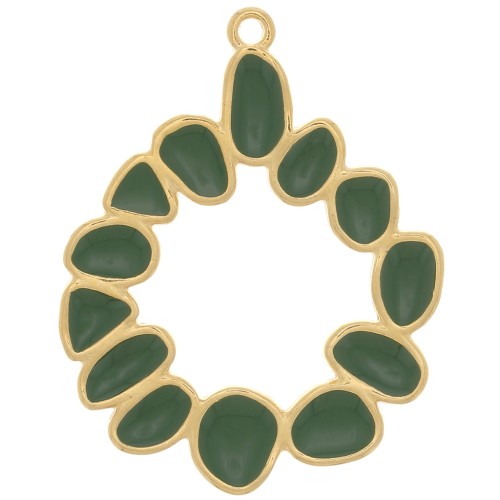 Pendentif rond irrégulier 39 mm avec résine époxy - Doré à l'or fin - Vert foncé