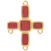 Pendentif croix chandelier 36x27.5 mm 3 anneaux & résine époxy Doré Or fin - Rouge