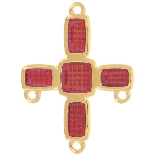 Pendentif croix chandelier 36x27.5 mm 3 anneaux & résine époxy Doré Or fin - Rouge