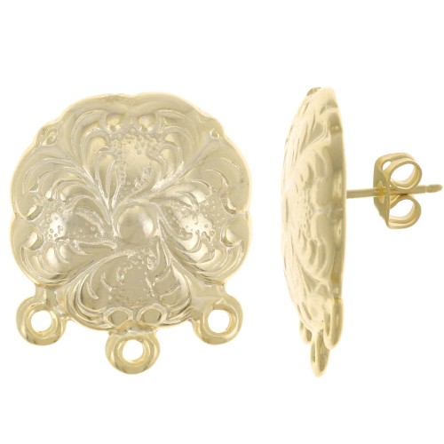 Clous d'oreilles trèfle travaillé 21 mm avec 3 anneaux fermés - Doré à l'or fin x2