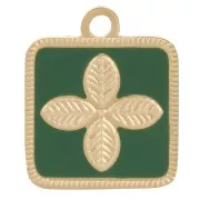 Breloque carré motif fleur 14x11 mm résine époxy Acier inox 316L Doré - Vert sapin
