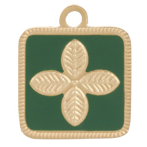 Breloque carré motif fleur 14x11 mm résine époxy Acier inox 316L Doré - Vert sapin