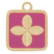 Breloque carré motif fleur 14x11mm résine époxy Acier inox 316L Doré - Fuchsia