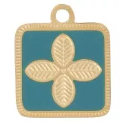 Breloque carré motif fleur 14x11 mm résine époxy Acier inox 316L Doré - Turquoise