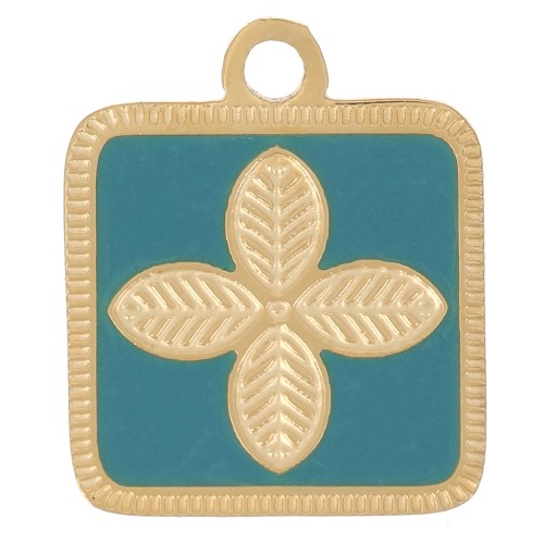 Breloque carré motif fleur 14x11 mm résine époxy Acier inox 316L Doré - Turquoise