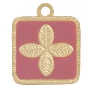 Breloque carré motif fleur 14x11 mm résine époxy Acier inox 316L Doré - Vieux rose