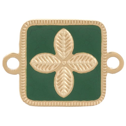 Intercalaire carré 16x11 mm - fleur - résine époxy Acier inox 316L Doré Vert sapin