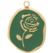 Pendentif irrégulier 20x14.5 mm - motif Rose - Acier inox 316L Doré - Vert sapin