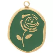 Pendentif irrégulier 20x14.5 mm - motif Rose - Acier inox 316L Doré - Vert sapin