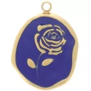 Pendentif irrégulier 20x14.5 mm - motif Rose - Acier inox 316L Doré - Bleu foncé