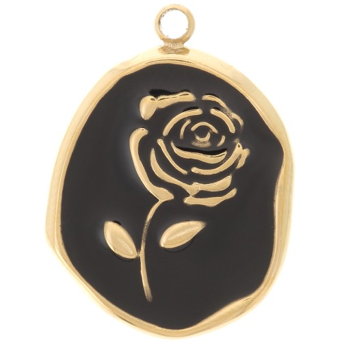 Pendentif irrégulier 20x14.5 mm - motif Rose - Acier inox 316L Doré - Noir