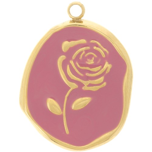 Pendentif irrégulier 20x14.5 mm - motif Rose - Acier inox 316L Doré - Vieux rose