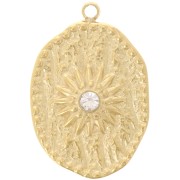 Pendentif irrégulier 23x15 mm motif soleil &  oxyde de Zirconium  Acier inox 316L Doré - Crystal