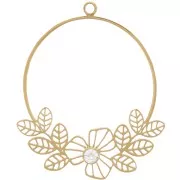 Pendentif rond 23mm avec fleurs ajourées &  oxyde de Zirconium  - Acier inox 316L Doré - Crystal