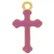 Breloque croix 19x11 mm en résine époxy - Doré à l'or fin - Fuchsia x1