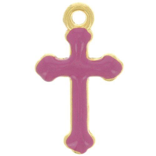 Breloque croix 19x11 mm en résine époxy - Doré à l'or fin - Fuchsia x1