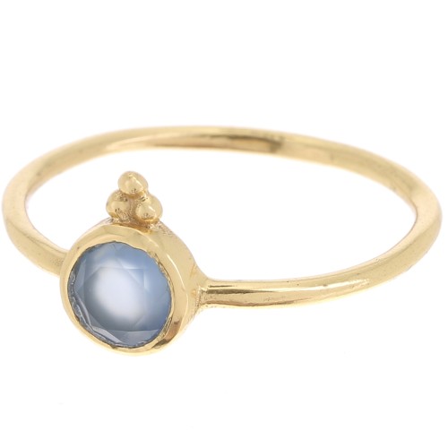 Bague fine ronde Calcédoine bleue style ethnique - Taille 52 - Doré à l'Or fin x1