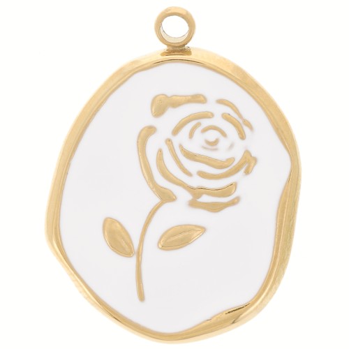 Pendentif irrégulier 20x14.5 mm - motif Rose - Acier inox 316L Doré - Blanc x1
