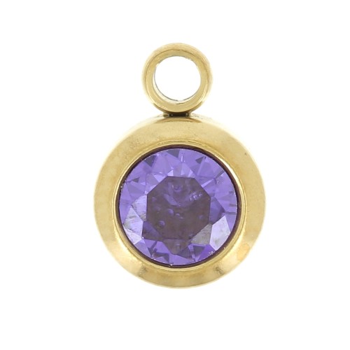 Breloque pierre naissance oxyde zirconium 6mm Février Acier inox304L  Doré Amethyst